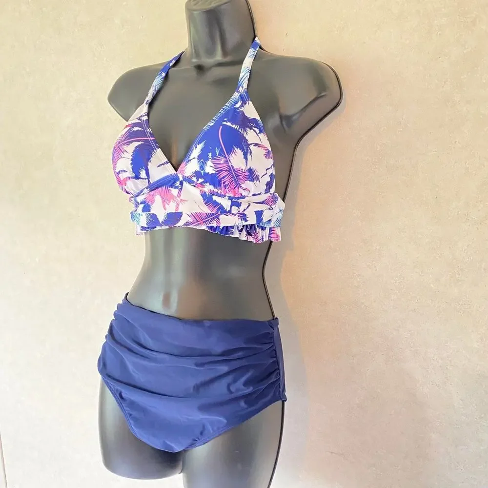 Palm‎ Tree Print Bralette Swim Top High Waisted Swimsuit, White Blue, Small